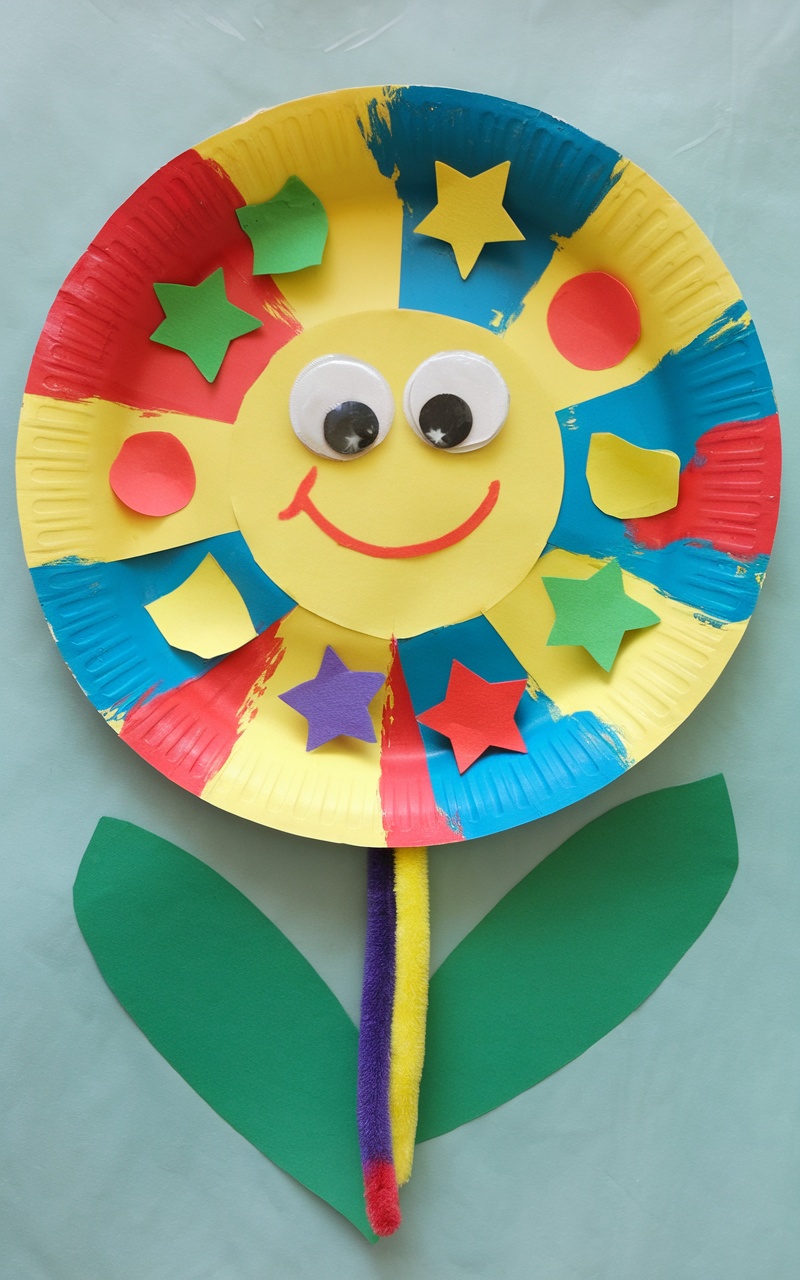 Colorful paper plate flower craft made with a yellow plate, googly eyes, and cut-out shapes on a green background.