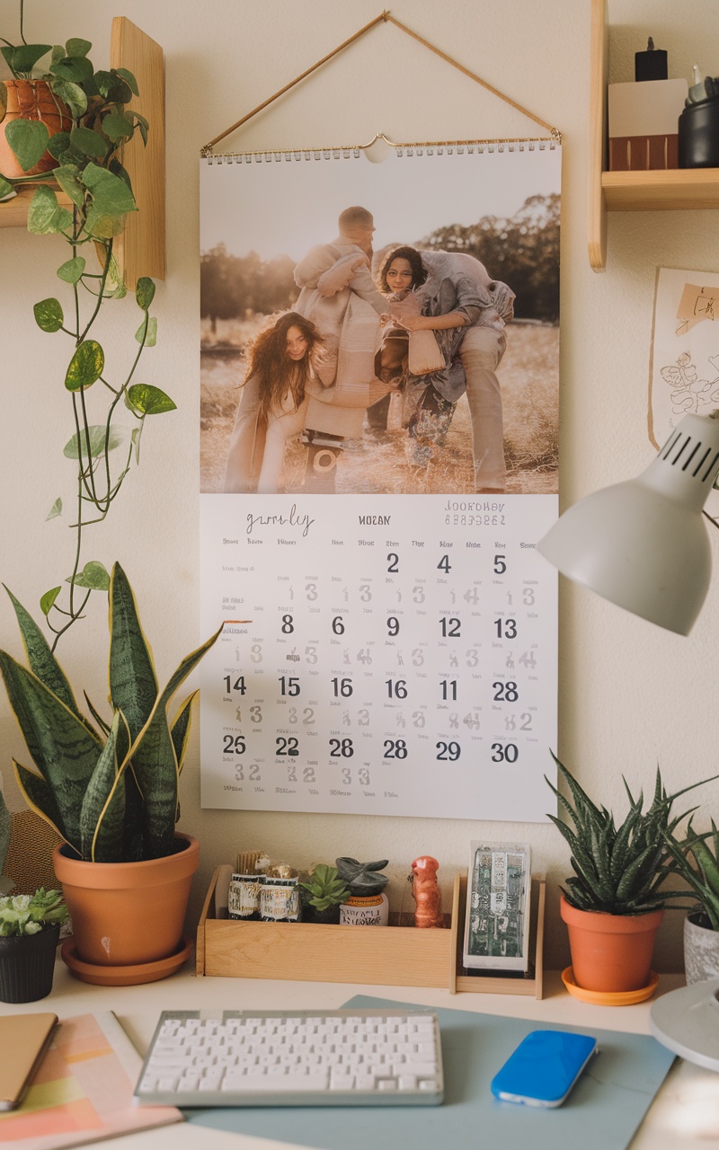 A cozy workspace featuring a personalized calendar with family photos, plants, and stationery.