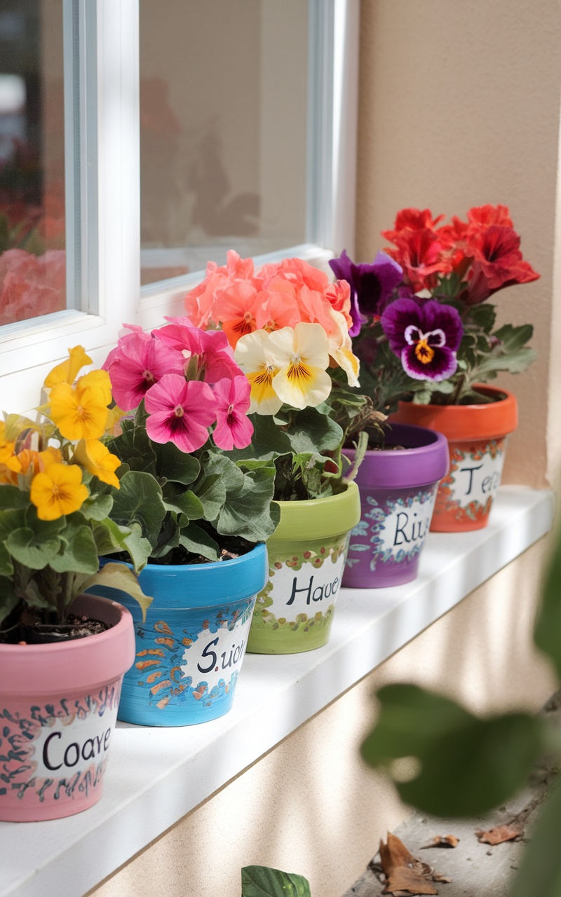 Colorful personalized flower pots with blooming flowers.