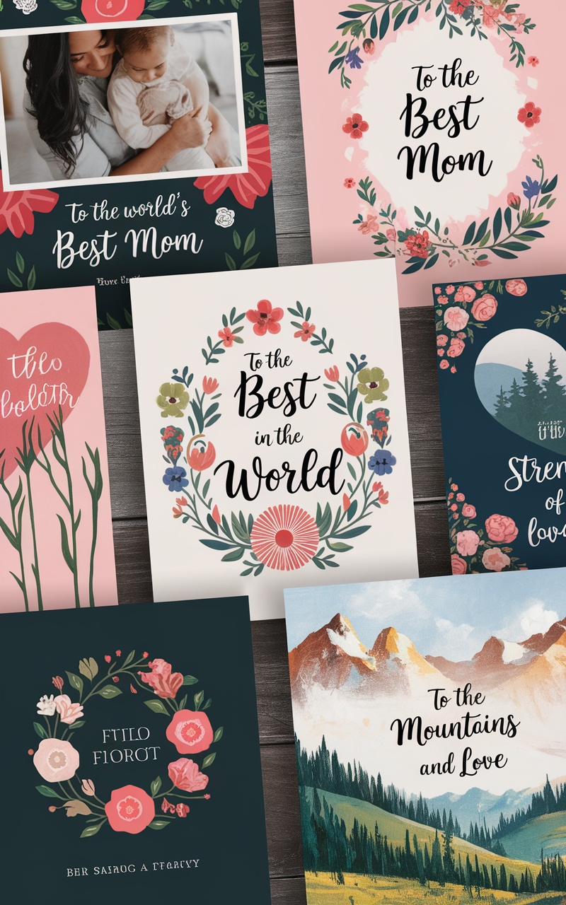 A collection of personalized Mother's Day cards with floral designs and heartfelt messages.