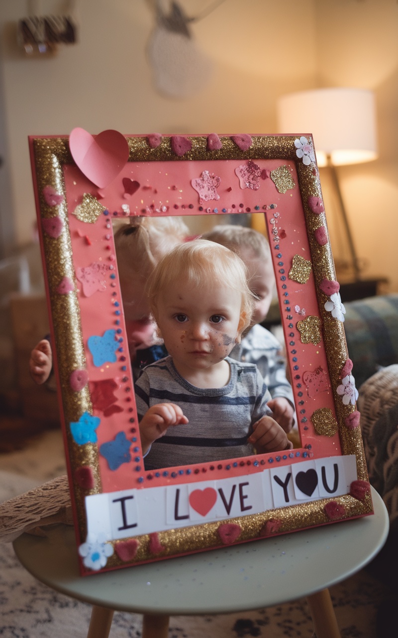 A toddler holding a colorful, decorated photo frame with the words 'I LOVE YOU' visible.