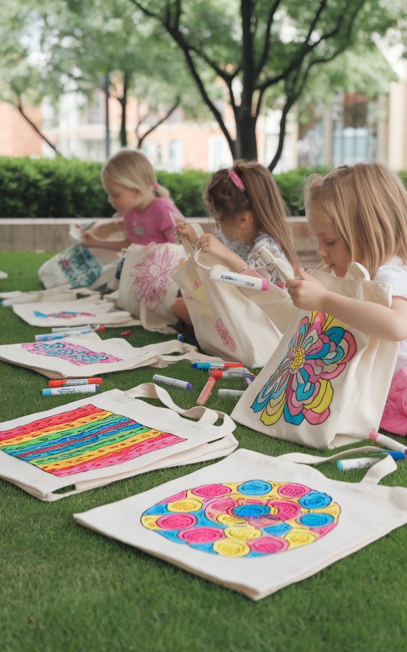 Children coloring personalized tote bags with markers outdoors