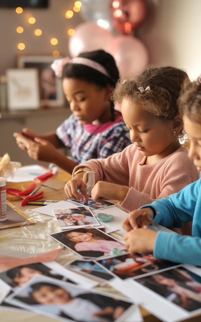 Children creating photo collages, arranging printed photos on a table.