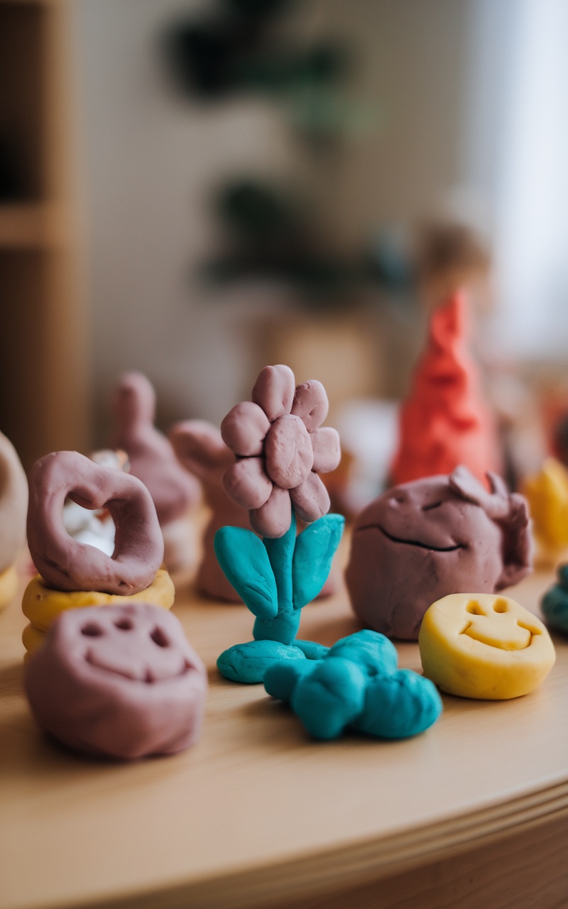 Colorful play dough sculptures, including flowers and smiley faces, displayed on a wooden surface.