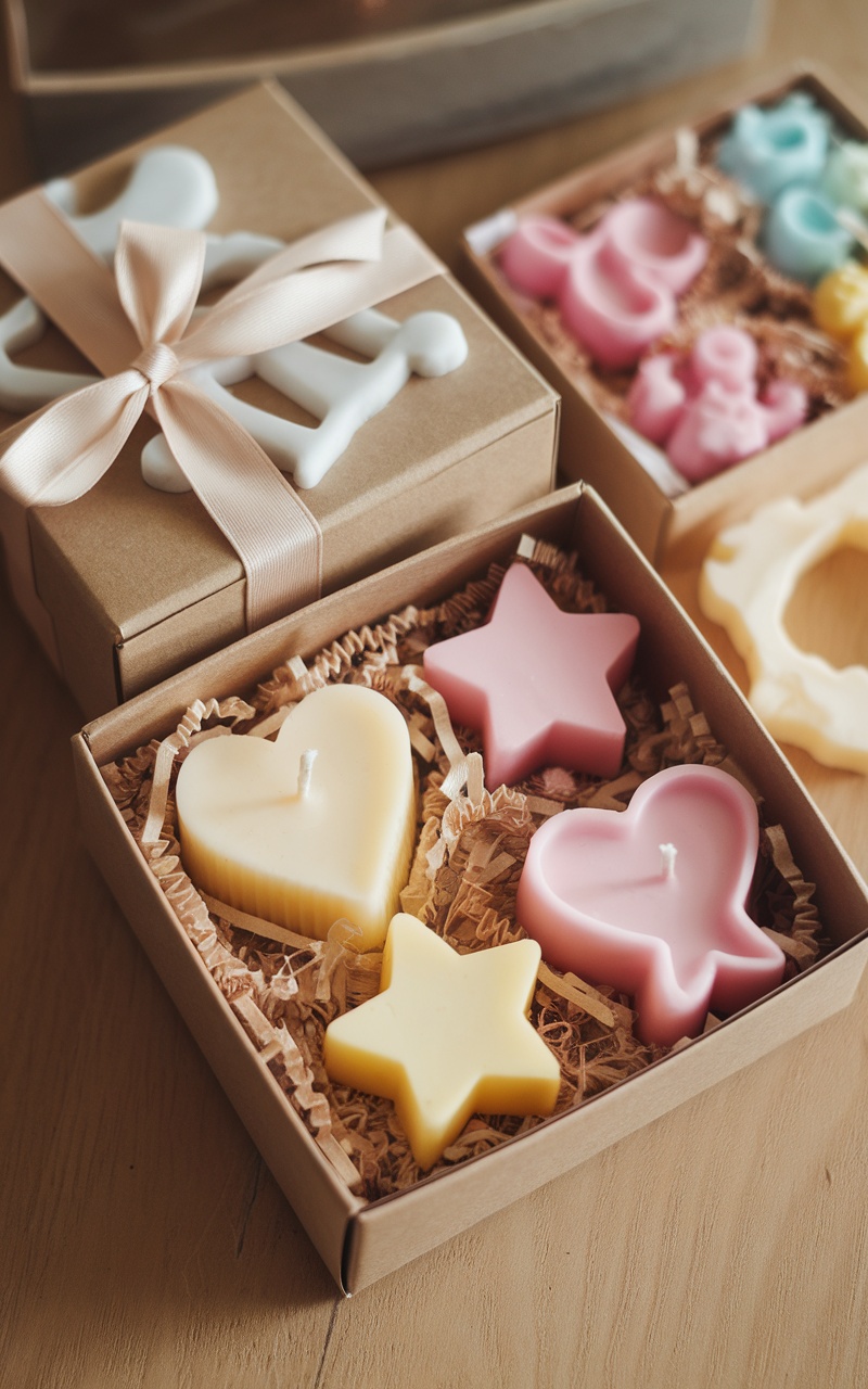 A box containing colorful scented homemade candles in various shapes like hearts and stars.