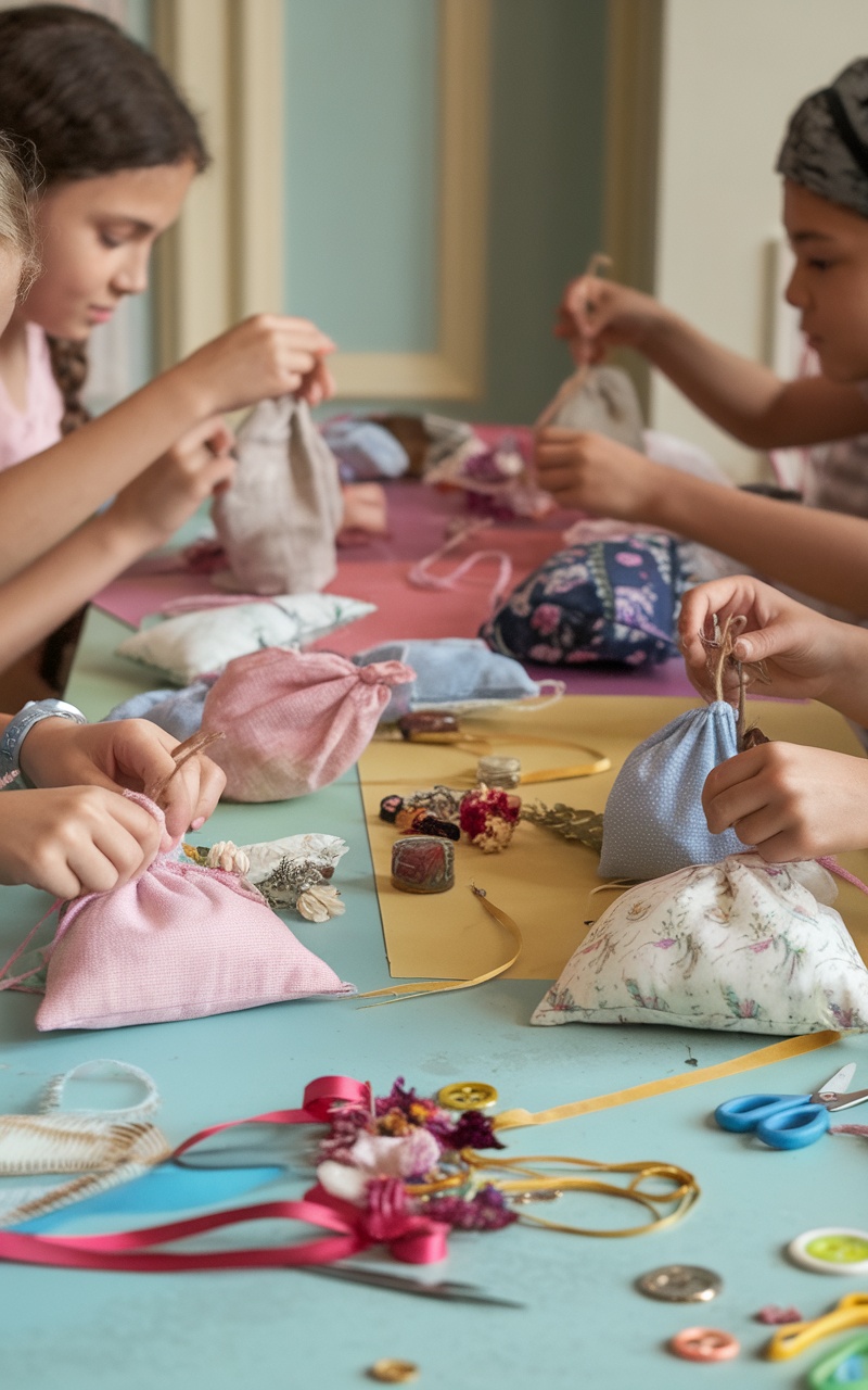 Children crafting scented sachets at a table filled with colorful materials.