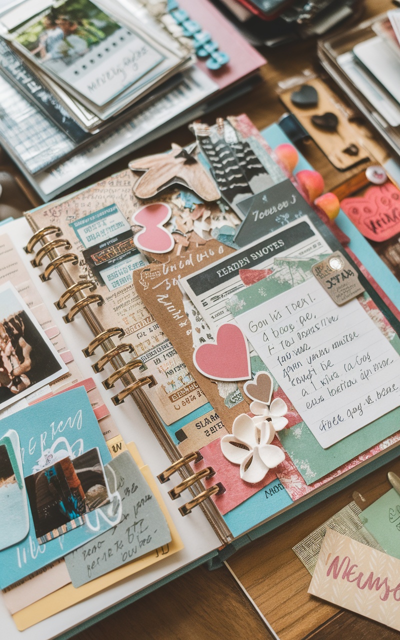 A colorful scrapbook filled with photographs, notes, and decorative elements.