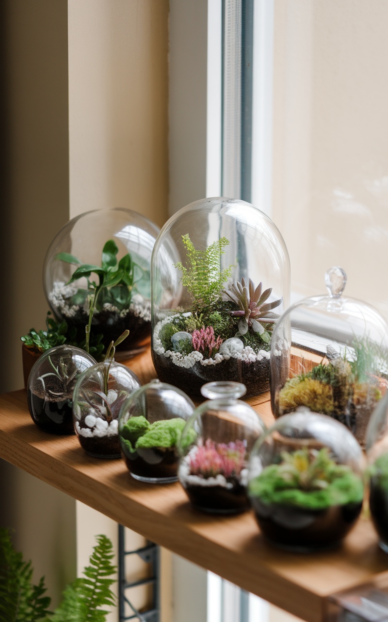 A collection of unique plant terrariums displayed on a shelf, showcasing various plants and decorative elements.